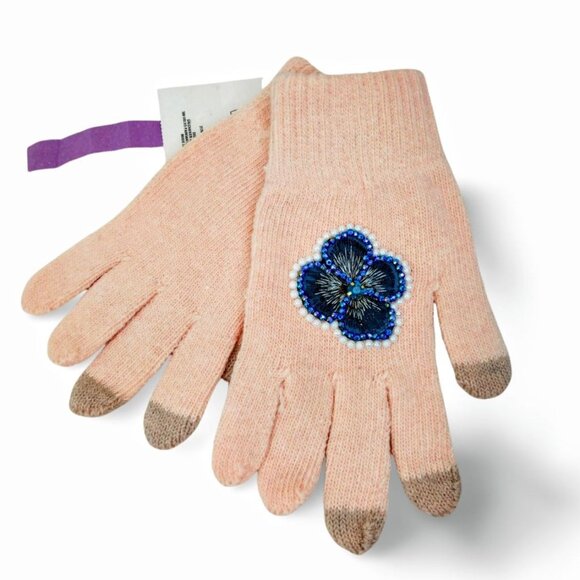 Lt. Pink Floral Embroidered Touchscreen Crystal & Pearl Knit Gloves TT1519 - Picture 3 of 4